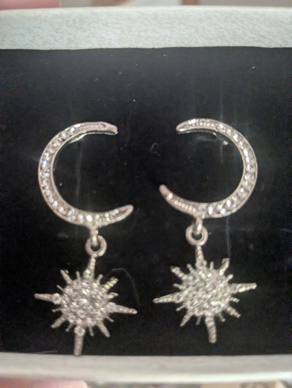 Silver Moon & Star Dangle Earrings - Sparkling Sunburst Design